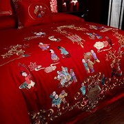 百子图四件套结婚喜庆大红色贡缎刺绣，六件套喜被纯棉中式婚庆床品