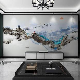 现代中式抽象水墨沙发书房客厅，影视墙布定制电视背景墙壁纸壁画