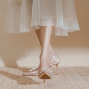 婚鞋女2023年新娘鞋结婚鞋子平时可穿高跟鞋细跟主婚纱水晶鞋
