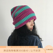 三环路韩系撞色拼接设计毛线帽小众大头围保暖百搭彩色条纹针织帽