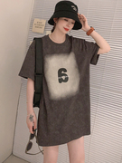韩版复古灰色印花大版短袖，t恤打底衫女夏季显瘦中长款宽松上衣棉t