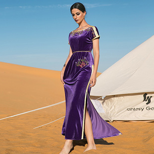 土耳其迪拜名媛风连衣裙紫色天鹅绒阿拉伯聚会晚礼服贵族长袍
