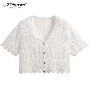 九州诚品/JZZDEMM法式网纱镂空西装领针织短袖开衫夏季短款上衣女