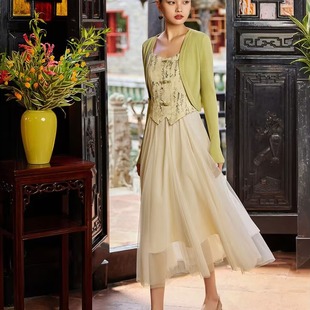 2024新中式国风套装裙女夏季复古盘扣开衫吊带连衣裙两件套
