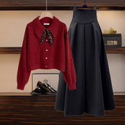 红色复古polo领针织开衫，毛衣女(毛衣女)秋冬季时尚设计感搭显瘦半身裙