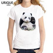 熊猫花花萌兰图案莫代尔t恤女圆领短袖和花，西直门三太子可爱印花