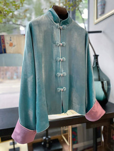 新中式立领金丝绒盘扣蓝色衬衫，复古清冷感高端御姐范长袖(范长袖)上衣秋季