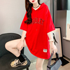 亮片刺绣中长款连帽短袖T恤女夏季韩版宽松大码女装红色上衣