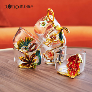 罗比罗丹 玻璃功夫茶具套装 创意珐琅彩品茗杯小茶杯带把杯