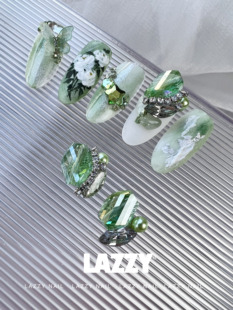 lazzy幻彩美甲饰品钻饰堆钻精灵绿色指甲，贴链条组合钻球仙女