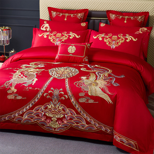 婚庆结婚床上用品四件套大红色，中式龙凤刺绣床单被罩，长绒棉六件套