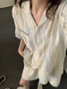 韩版简约条纹短袖睡衣女，夏季纯棉纱布，大码蕾丝边基础款家居服套装