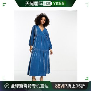 香港直邮潮奢asos女士设计中长裹式天鹅绒连衣裙(蓝色)