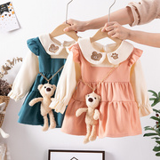 春秋季韩版婴幼童女童装纯色公主小熊长袖连衣裙儿童裙