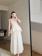 vivishop2023秋气质法式连衣裙，白色花苞新中式显瘦无袖，连衣长裙女