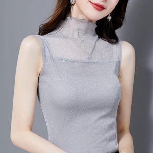 半高领蕾丝吊带背心女春夏西装内搭黑色网纱打底衫无袖T恤上衣潮