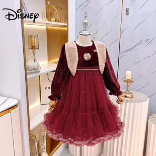 disney迪士尼女童冬季年服拼接蓬蓬纱裙女孩公主，新年连衣裙潮