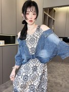 rrfashion碎花连衣裙女2024夏季法式牛仔拼接假两件长裙