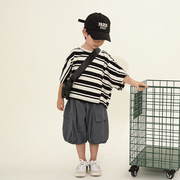 韩国童装男童条纹短袖t恤夏季儿童宽松半袖上衣宝宝蝙蝠袖套头衫