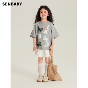 senbaby童装定制儿童夏装短袖，韩版上衣中大童宽松百搭可爱动物t恤