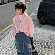 韩系儿童洋气粉色条纹衬衫2023春秋，韩版长袖男童衬衣外套休闲