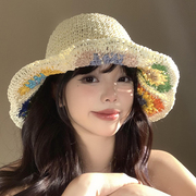 法式花朵镂空编织草帽，女夏季遮阳防晒渔夫帽，海边沙滩度假太阳帽子