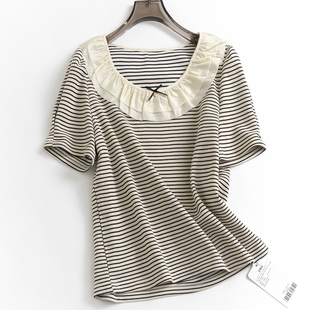 条纹显瘦层叠荷叶边圆领，减龄泡泡袖夏季短袖时髦t恤女装a453