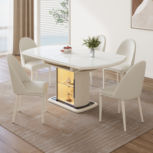 2024岩板餐桌小户型家用可变圆桌奶油风多功能储物伸缩餐桌椅
