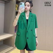 绿色半袖西装外套女夏薄款休闲小众设计感春秋网红中长款短袖西服