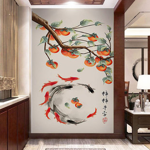 墙纸定制3d立体中式柿柿如意玄关背景墙壁纸，客厅壁布卧室墙布壁画