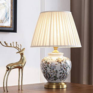 现代中式台灯卧室床头灯装饰客厅书房美式复古彩花全铜陶瓷台灯
