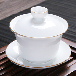 白瓷三才盖碗单个泡茶盖杯陶瓷，带盖茶杯盏，功夫茶具套装大号泡茶碗