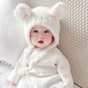 宝宝帽子秋冬季可爱萌手工婴儿护耳帽1岁男童女童2保暖系带毛绒帽