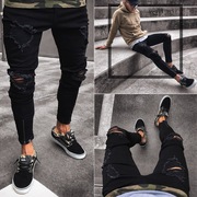 Men's pants with perforated elastic zipper破洞弹力小脚裤男装