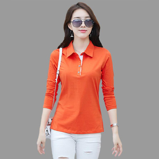 衬衫高端品牌打底衫女时尚长袖，纯棉t恤翻领，橙色上衣运动秋衣洋气