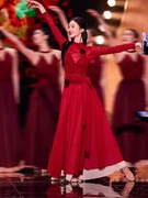金晨同款2024年会古典舞大摆裙半身纱裙植绒演出舞蹈服红色舞蹈裙