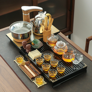 整套全自动功夫茶具套装，家用实木茶盘，组合四合一电热磁炉茶海茶台