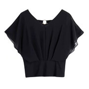 韩国短袖雪纺衫女夏季黑色V领收腰大码蝙蝠袖上衣遮肚子洋气小衫