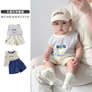 韩版婴儿夏季卡通背心短裤，两件套装宝宝，百搭洋气薄款透气无袖夏装