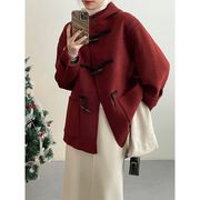 新年战袍红色连帽牛角扣外套，女中长款双面羊绒大衣