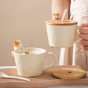 日式卡通可爱陶瓷水杯子带盖勺套装猫咪马克杯创意男女咖啡牛奶杯