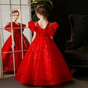 定制红色儿童礼服公主裙高端女童钢琴演出服洋气模特生日长袖秋冬