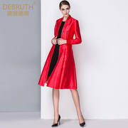 黛薇璐媤红色拉链夹克式长款风衣女春装英伦气质收腰显瘦外套