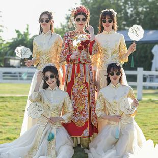 中式伴娘服女小个子婚礼服国风秀禾旗袍，秋冬季姐妹团装伴娘裙