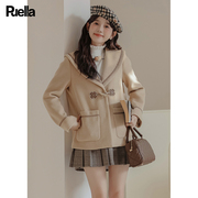 拉夏贝尔Puella韩版小个子娃娃领外套女秋冬季洋气减龄牛角扣大衣