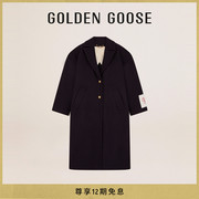 goldengoose女装，23年秋冬深蓝中长款单排扣毛呢大衣外套