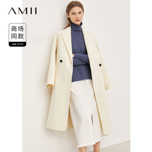 Amii2024冬装双面呢大衣通勤高开叉配腰带羊毛女长款毛呢外套