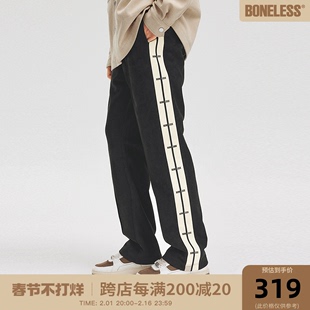 BONELESS侧边撞色logo拼接织带麂皮卫裤美式复古秋季休闲长裤男女