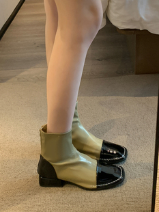 马丁靴薄款2023年百搭方头法式粗跟弹力瘦瘦短靴女秋冬单靴子