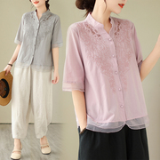 新中式复古双支棉麻刺绣衬衫，拼接欧根纱中袖上衣气质衬衣清新